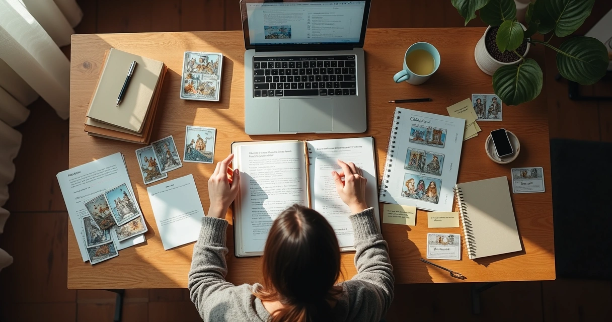 Cartomancy reader sorting client notes at a desk 