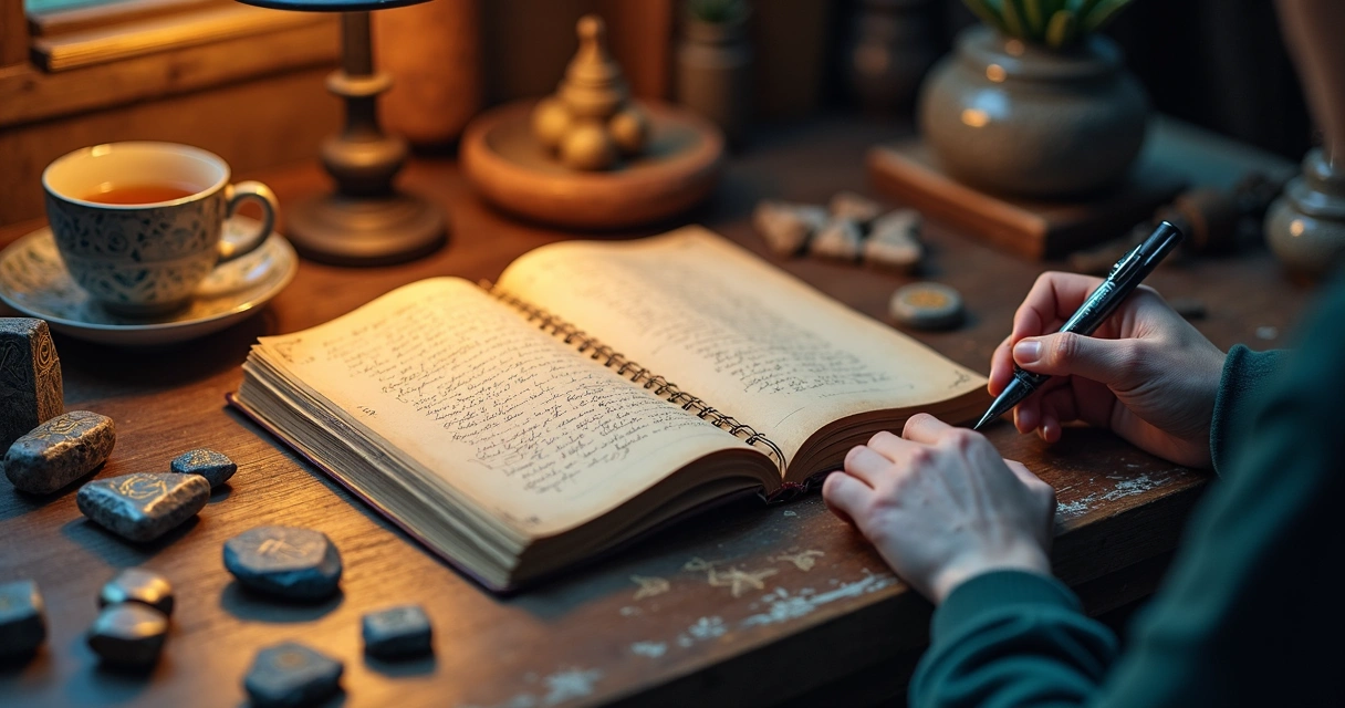Reader recording a rune session in a journal 