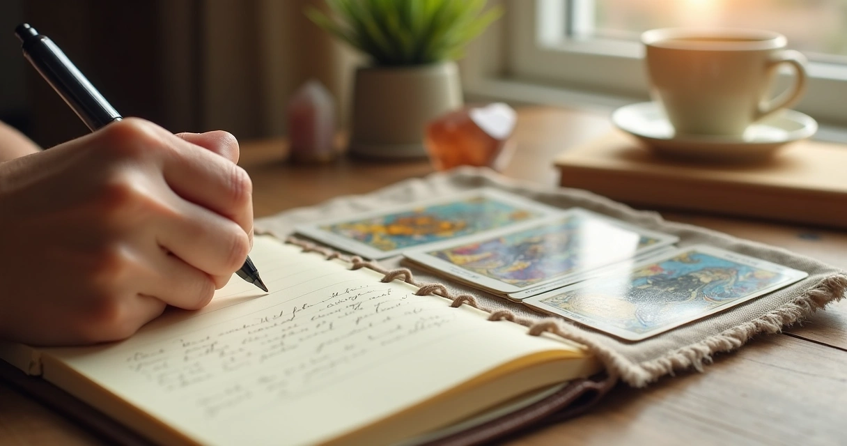 Reader writing tarot notes beside a card spread 