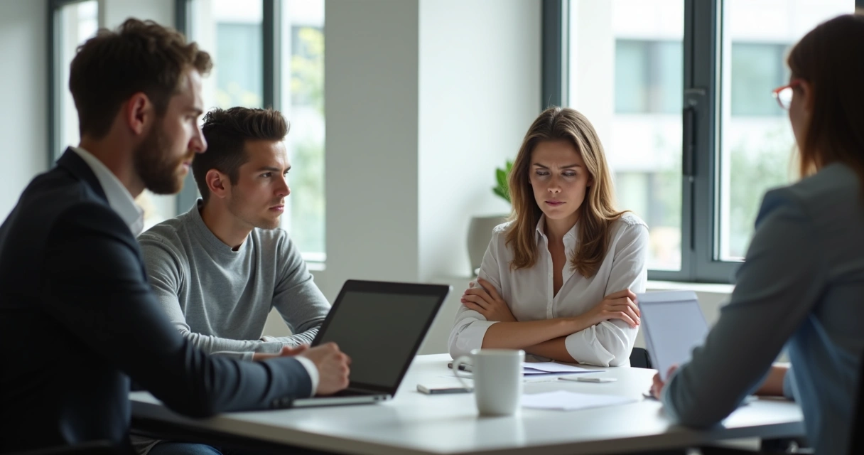 Colleagues in a meeting, one person visibly frustrated while others ignore body language