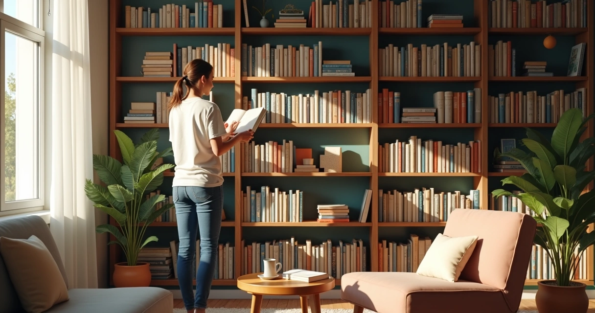 Person selecting a book in a home library 