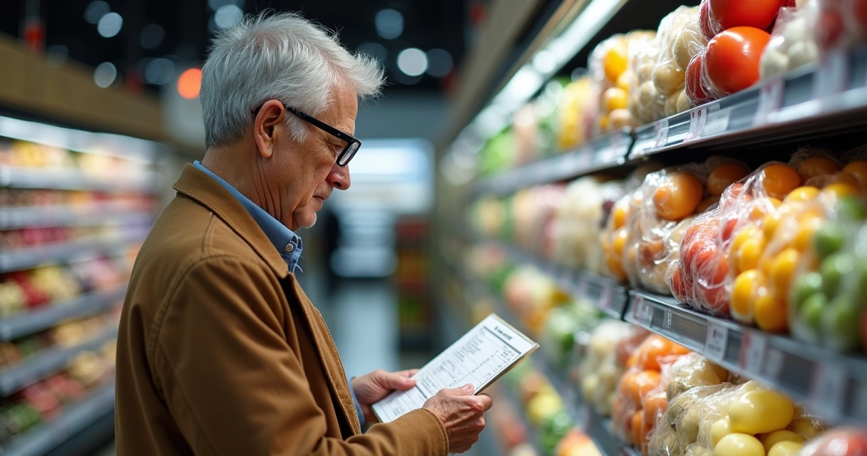 Older adult reading nutrition label in grocery store 