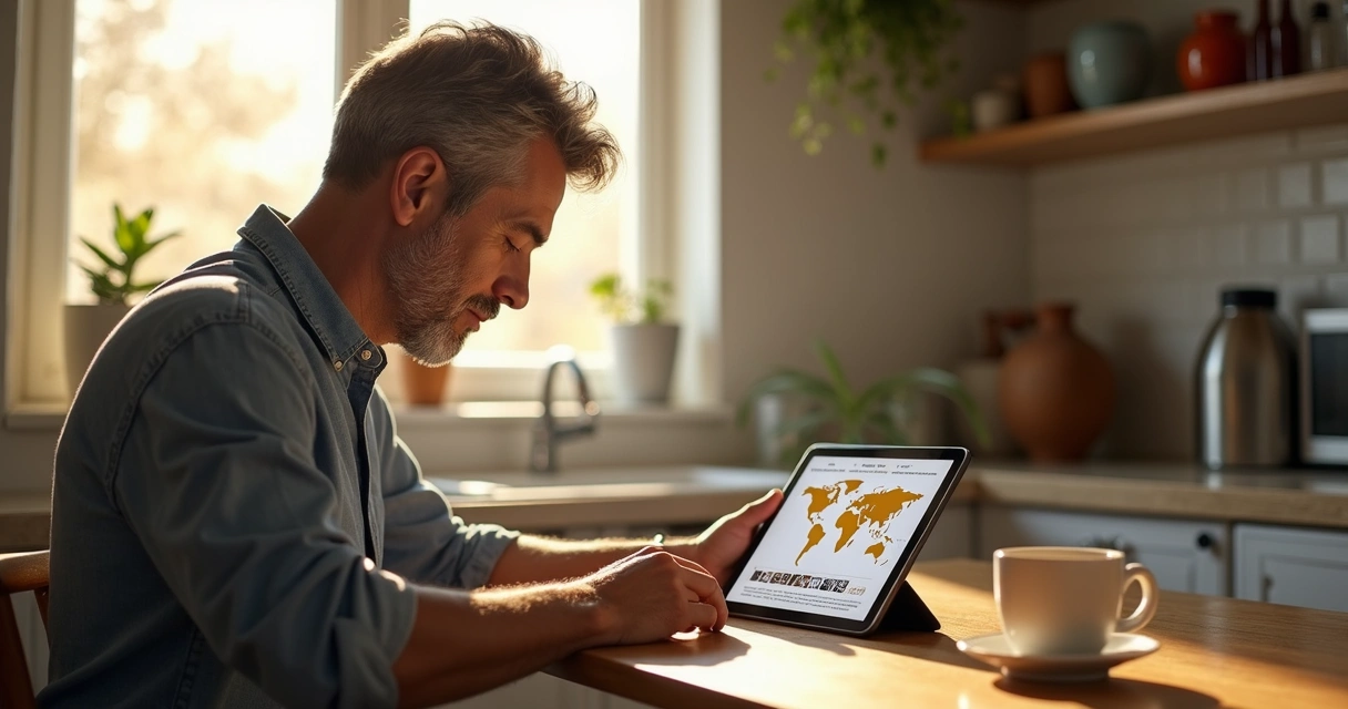 Man reading global news on tablet at kitchen table