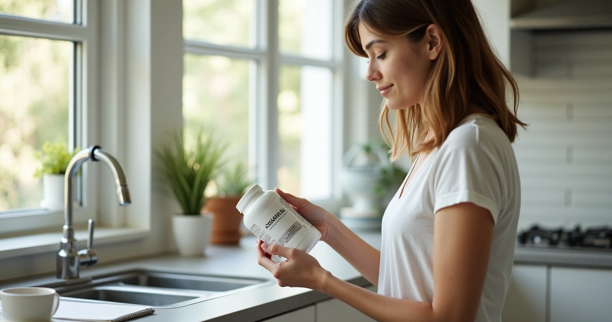 Woman reading ingredient list on wellness product 