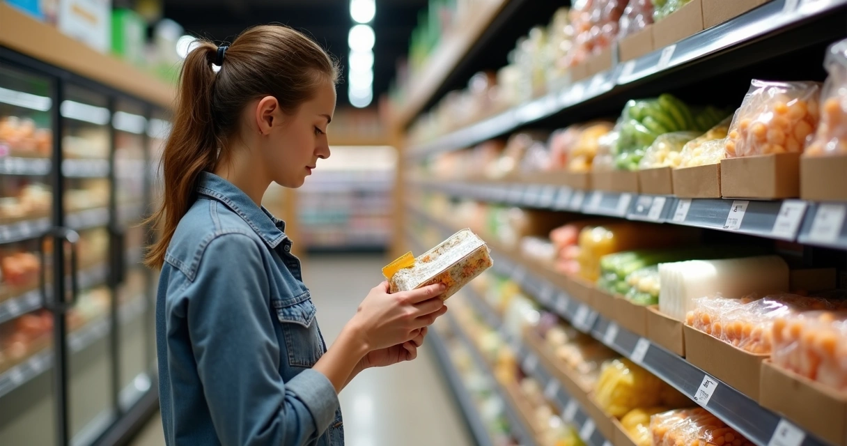 Woman reading food label in grocery store aisle 