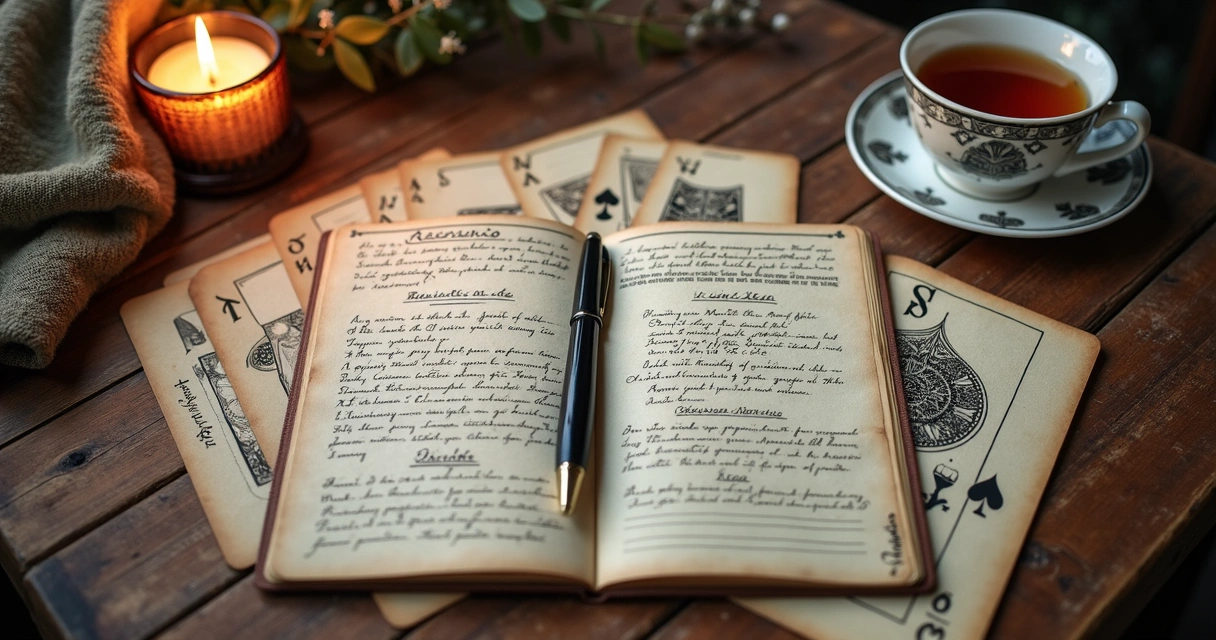 Playing cards, notebook, and labeled reading notes on a wooden desk 