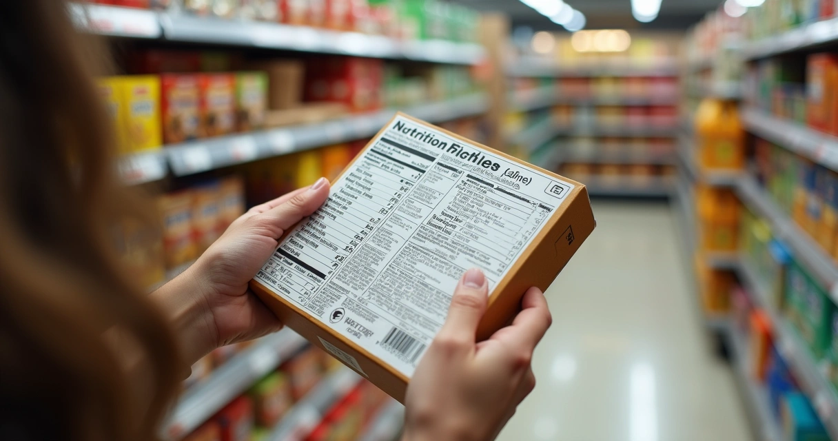 Person reading a nutrition label in a grocery store 