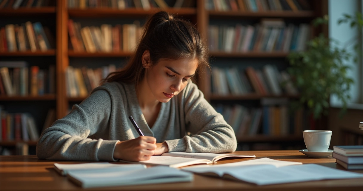 Person reading self-help book at desk, surrounded by notes