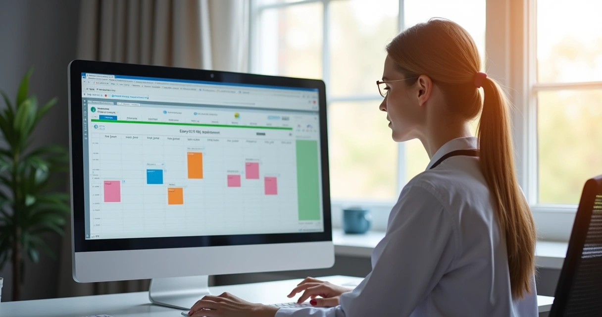 Profissional de saúde usando computador para reagendar consulta online 