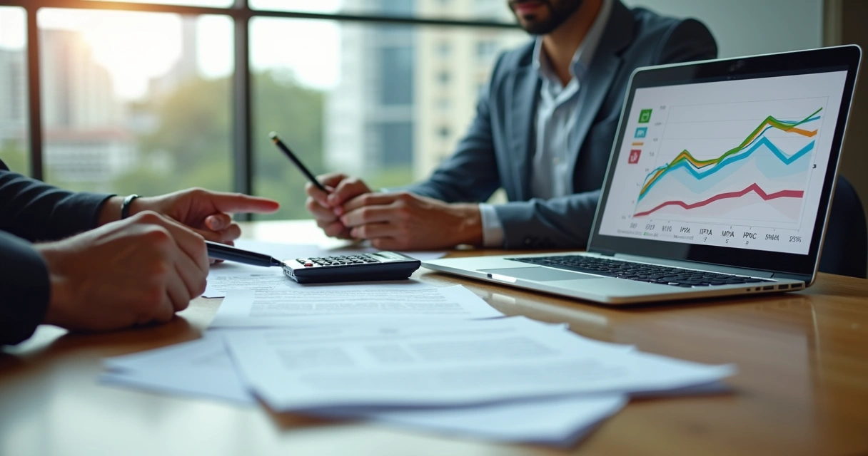 Proprietário e inquilino analisando contrato de aluguel com gráficos de reajuste 