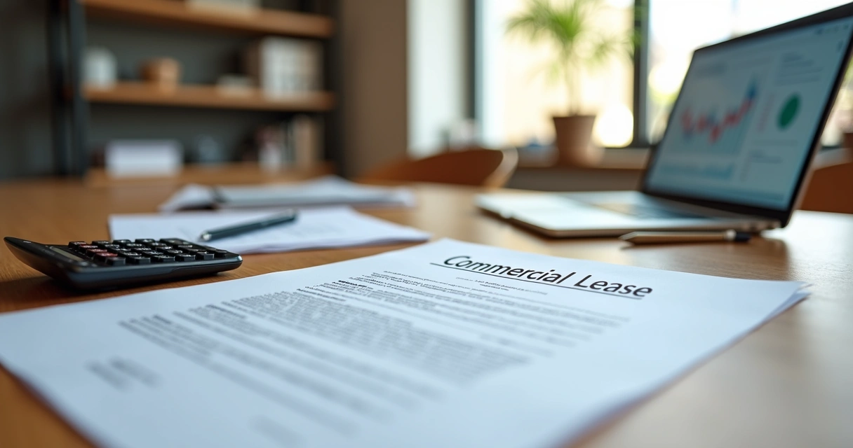 Mesa de reunião com contrato de aluguel comercial, calculadora e caneta ao lado 