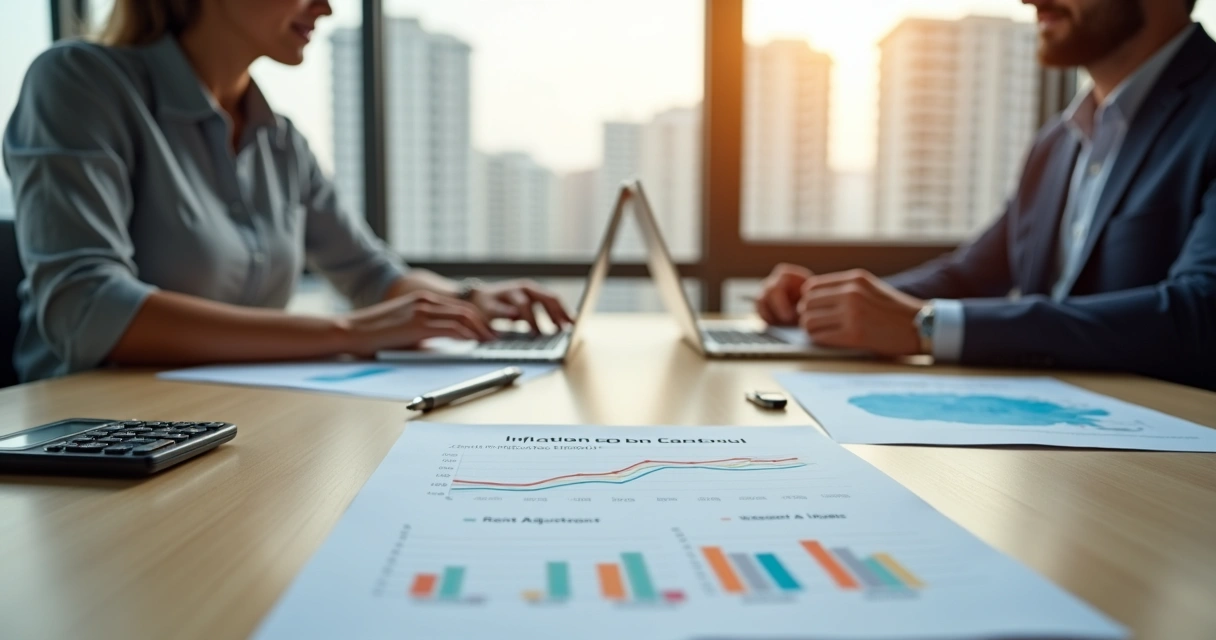 Proprietária e inquilino analisando reajuste de aluguel em planilha com gráfico 