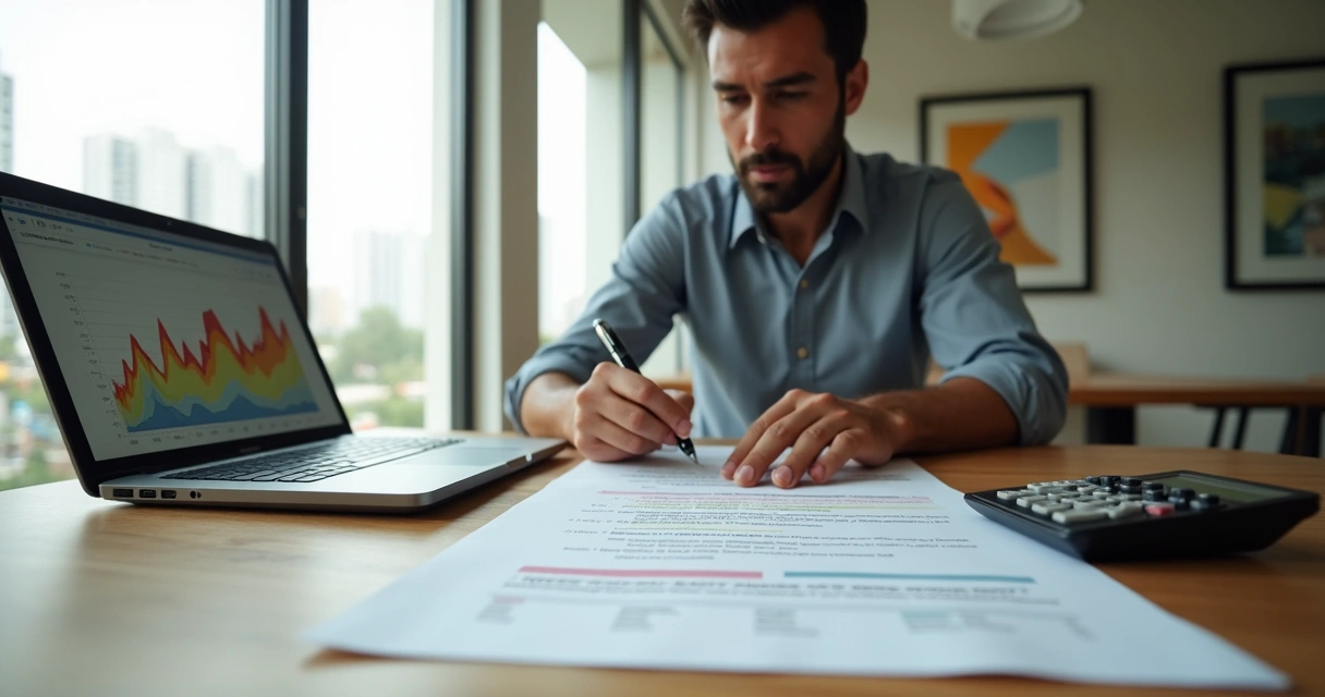 Proprietário analisando reajuste de aluguel residencial com gráficos e contrato 