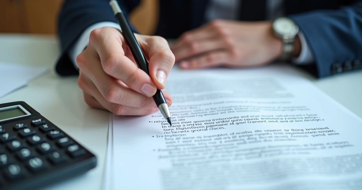 Mão de empresário revisando contrato com índice de reajuste ao lado de calculadora, vista superior. 