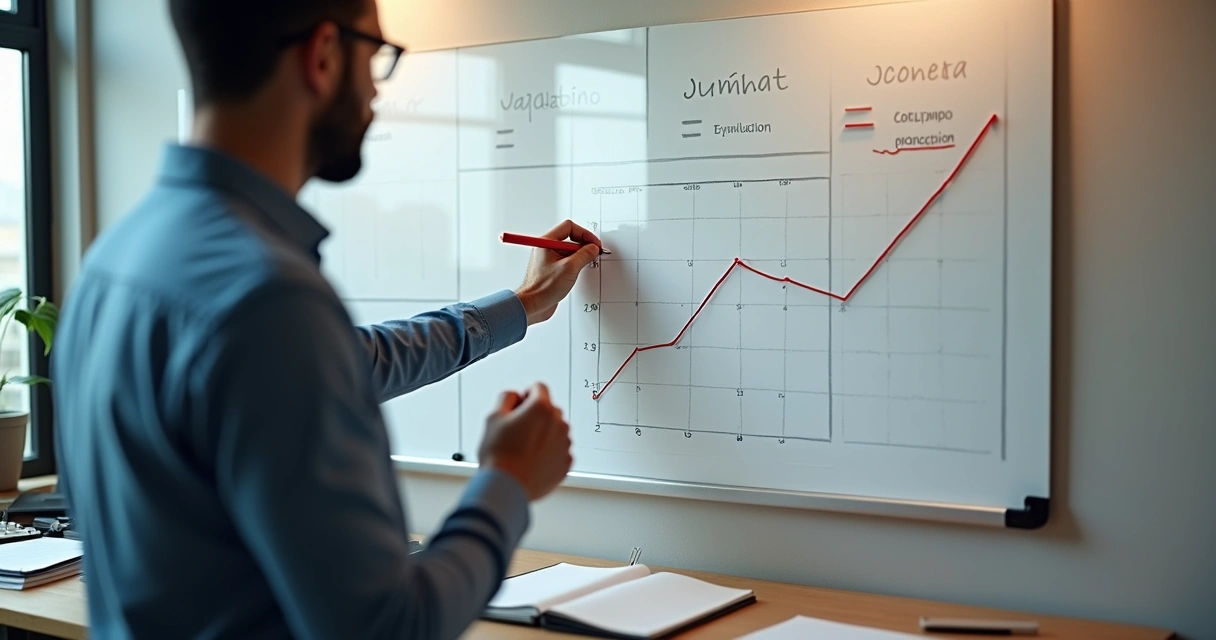 Empresário segurando tabela com preços subindo frente a mural com números de inflação 