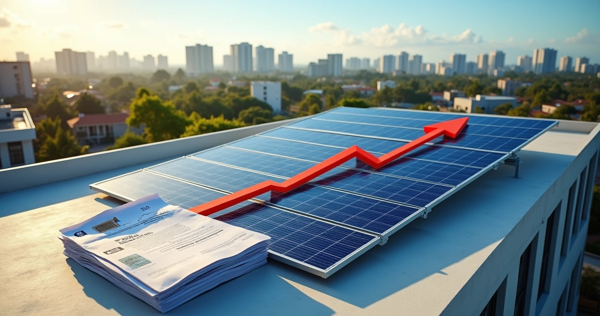 Painéis solares vistos de cima formando escudo contra contas de luz em aumento 