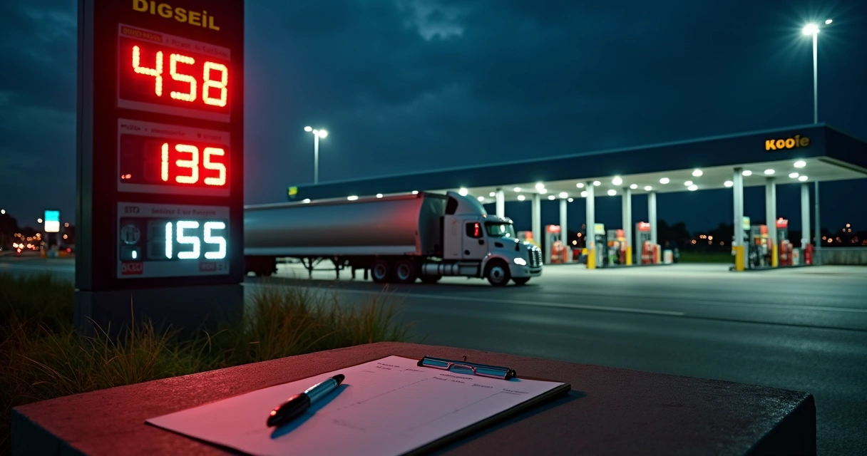 Totem de posto mostrando preço alto do diesel com caminhão ao fundo 