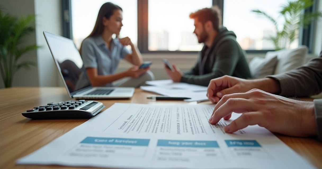 Proprietário analisando reajuste de aluguel e venda de imóvel alugado em mesa com contrato e notebook 