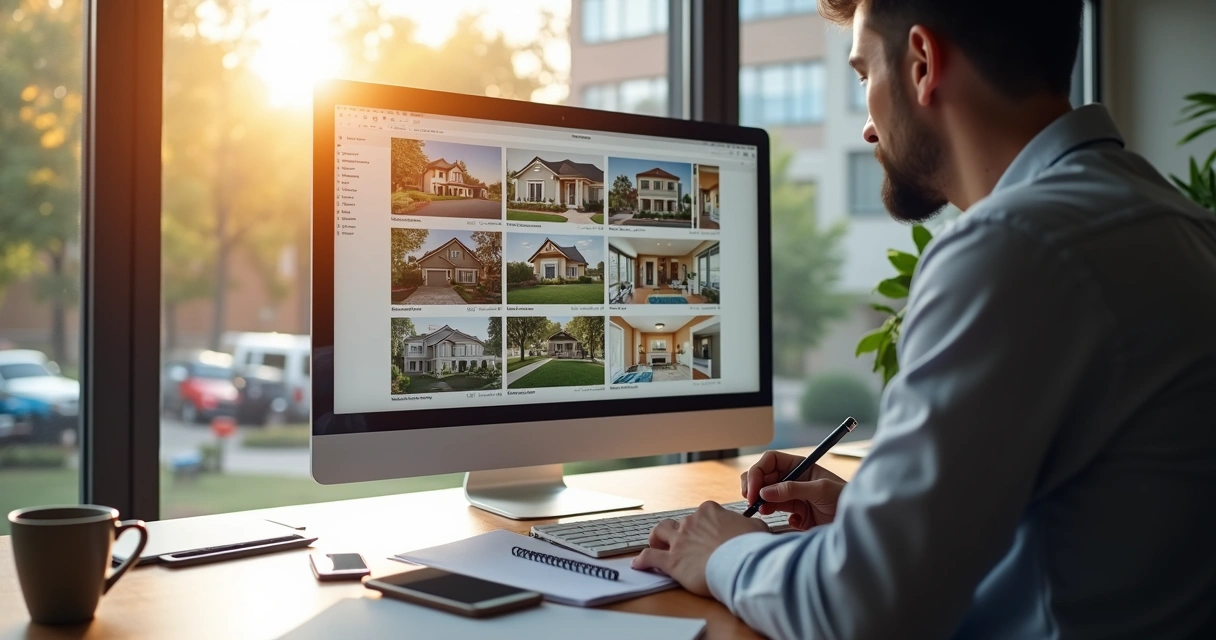 Real estate agent at desk analyzing home listings on computer 