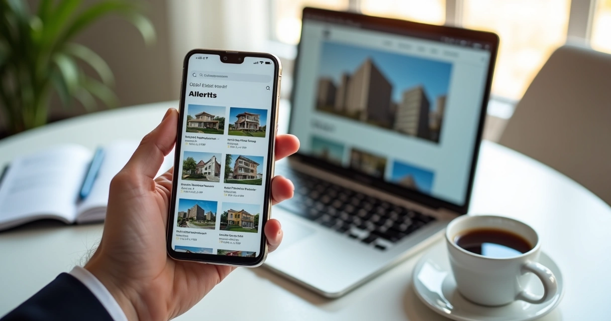 Smartphone displaying real estate auction alerts with property images and notifications 