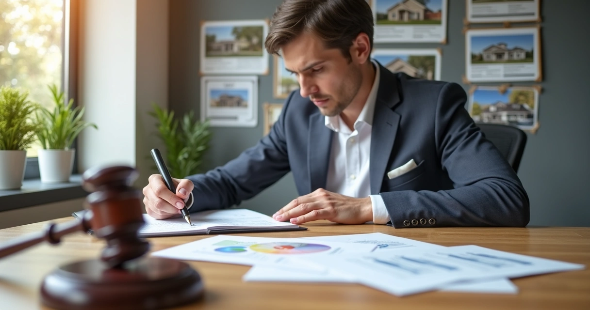 Person examining property documents with caution in a bright room filled with real estate listings and a gavel on the table 