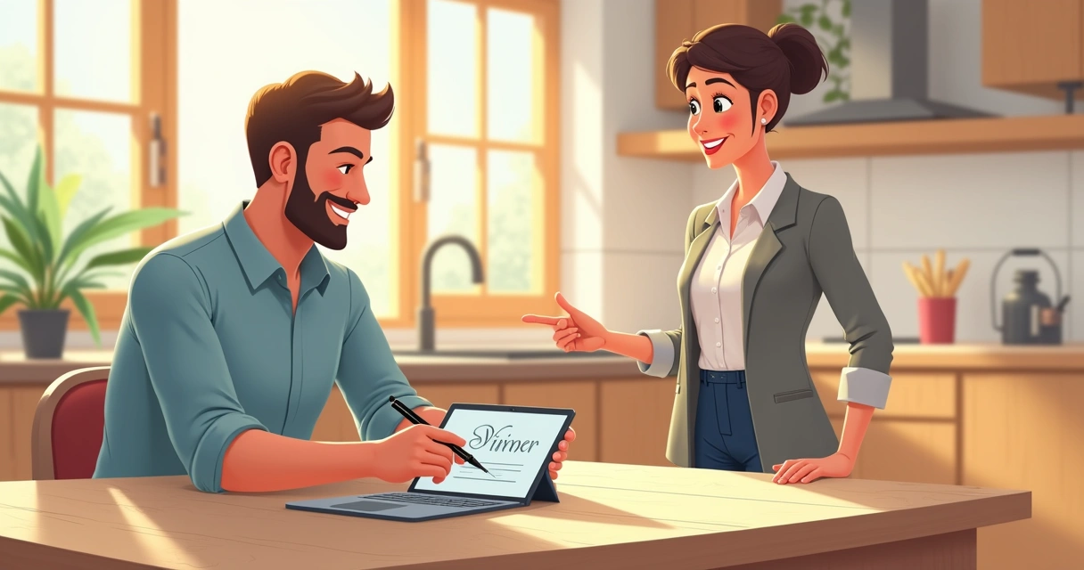 Homebuyer signing contract digitally in kitchen with agent.