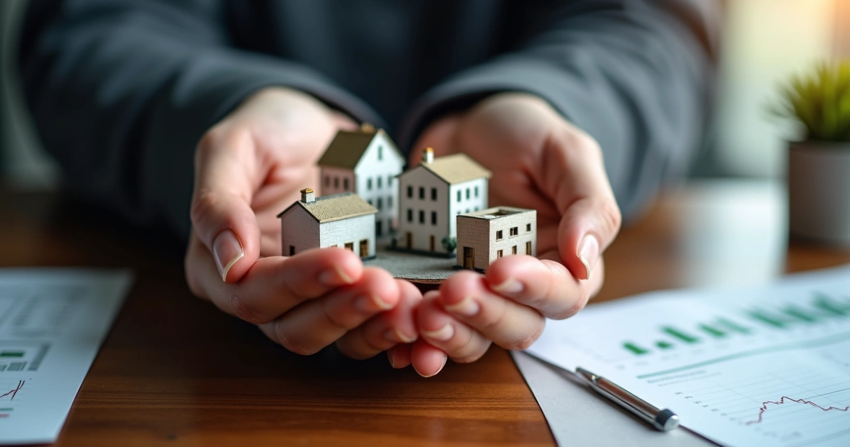 Hands holding various miniature buildings 