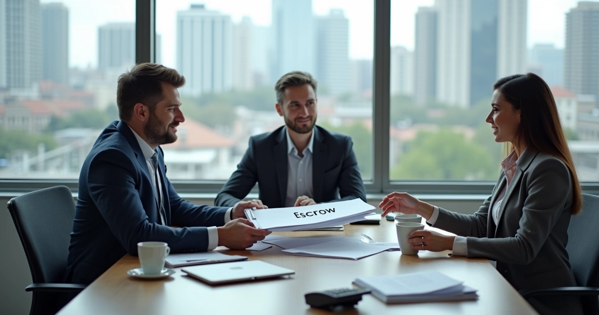 Three people at a desk signing escrow documents 
