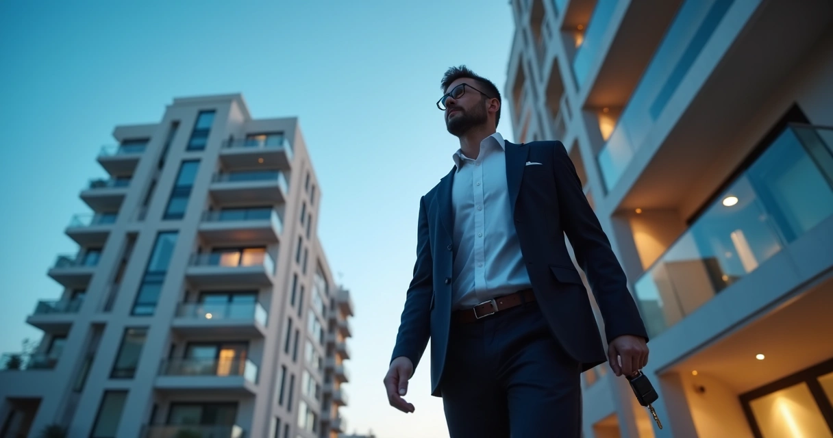 Investor walking in front of apartment building 