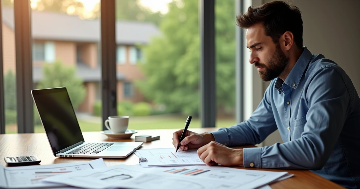 Investor reviewing real estate documents with laptop and property plans on table 