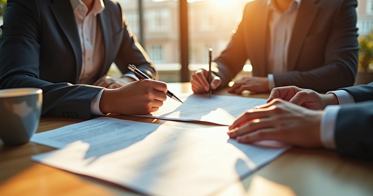 Buyer and real estate agent reviewing offer documents at a table 
