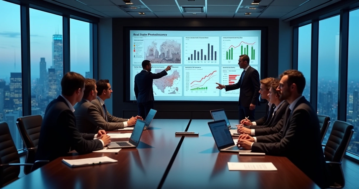 Business team analyzing real estate portfolio charts on digital screens 