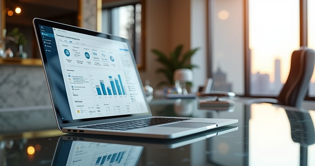 Luxury real estate management dashboard on a laptop 