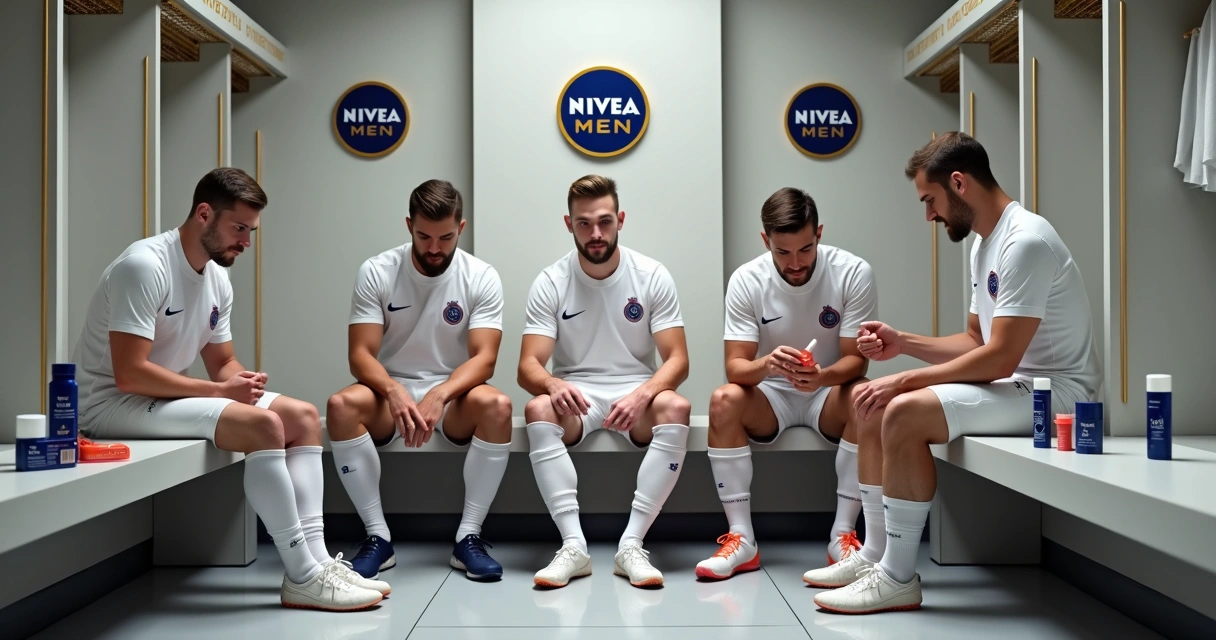 Jogadores do Real Madrid com produtos Nivea Men no vestiário 