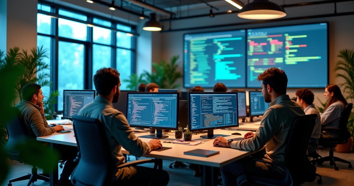 Developers collaborating on real-time Node.js app 