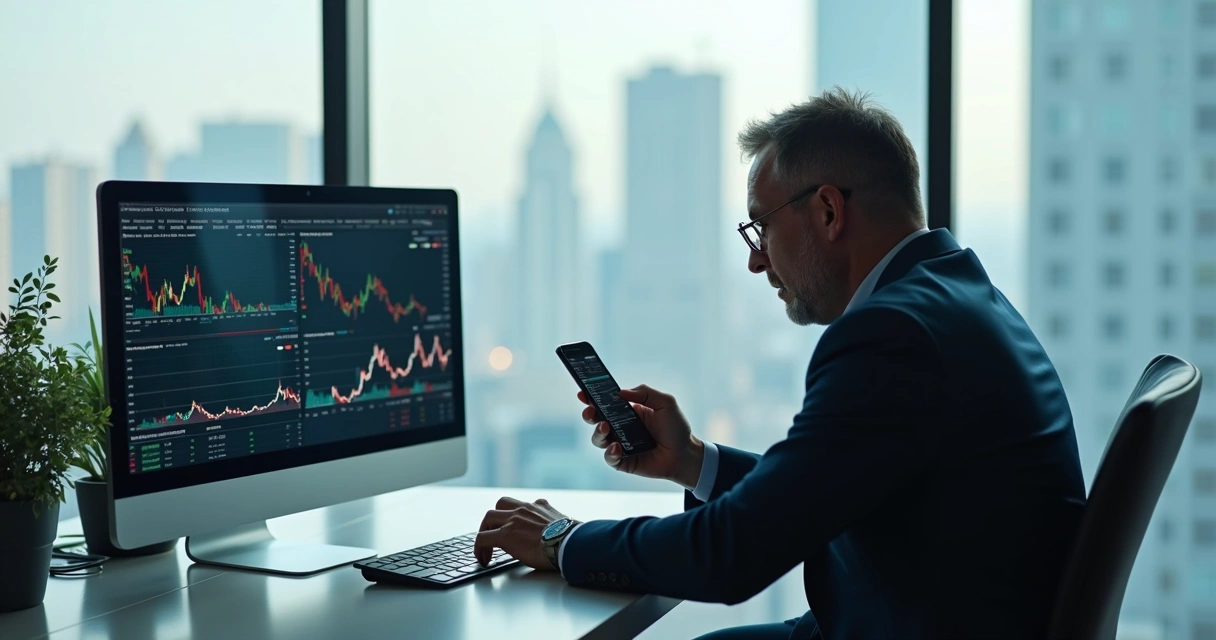 Risk manager reacting to derivatives software alerts on mobile and desktop 