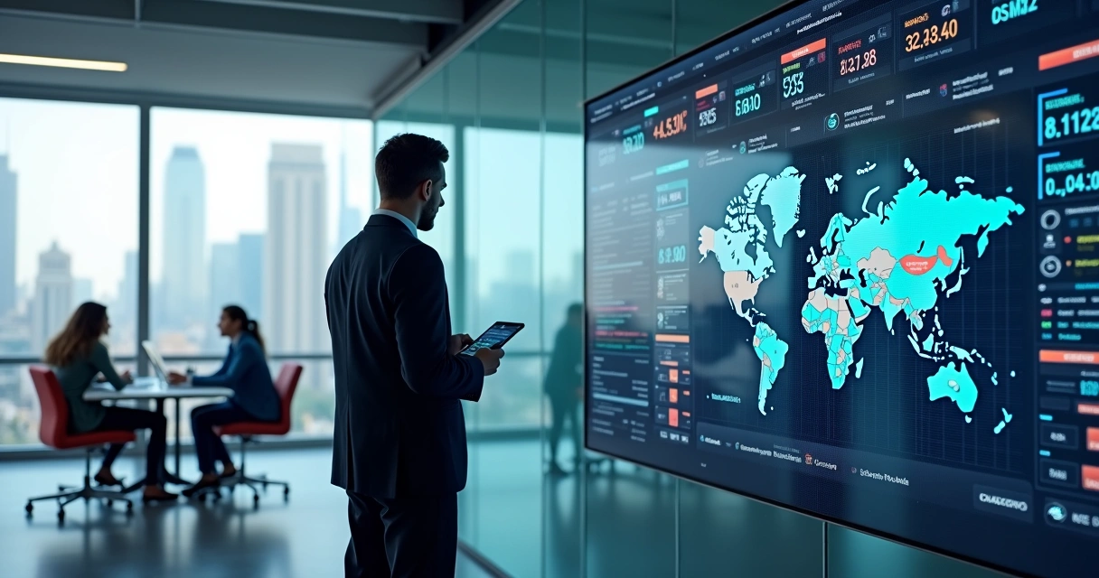 Executive viewing a real-time monitoring dashboard in a corporate office 