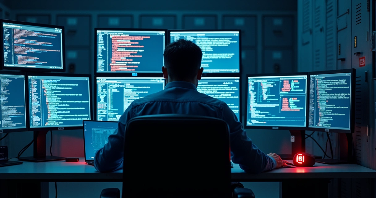 Cybersecurity analyst alert at workstation reviewing vulnerability 