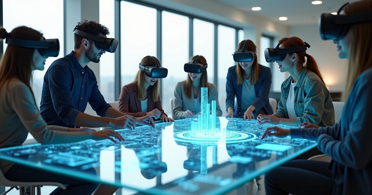 Personas con visores de realidad virtual colaborando en una mesa digital 