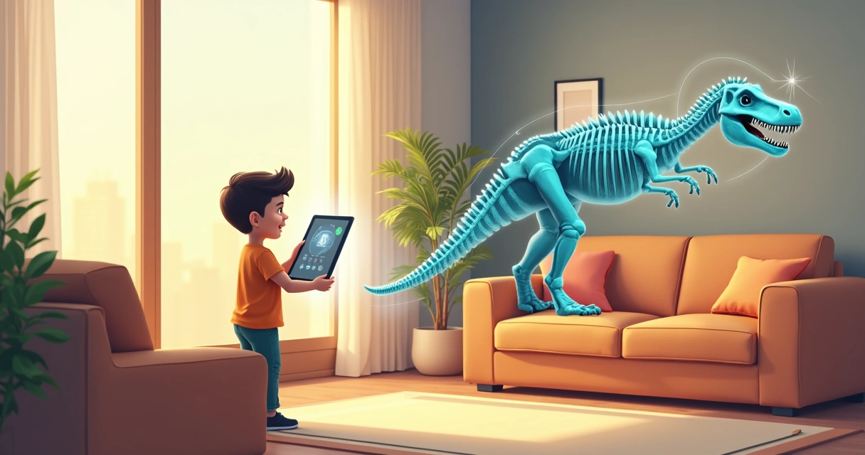 Criança usando realidade aumentada para visualizar dinossauros