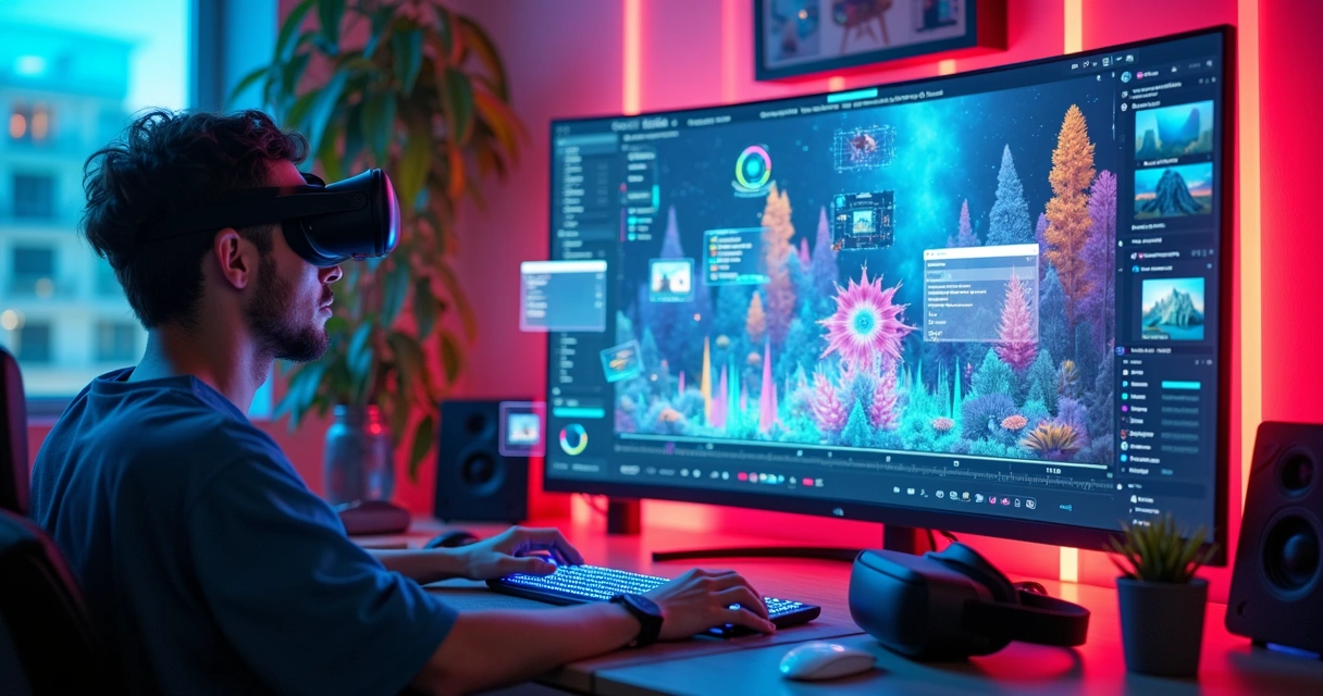 Person editing video with augmented reality elements and AI 