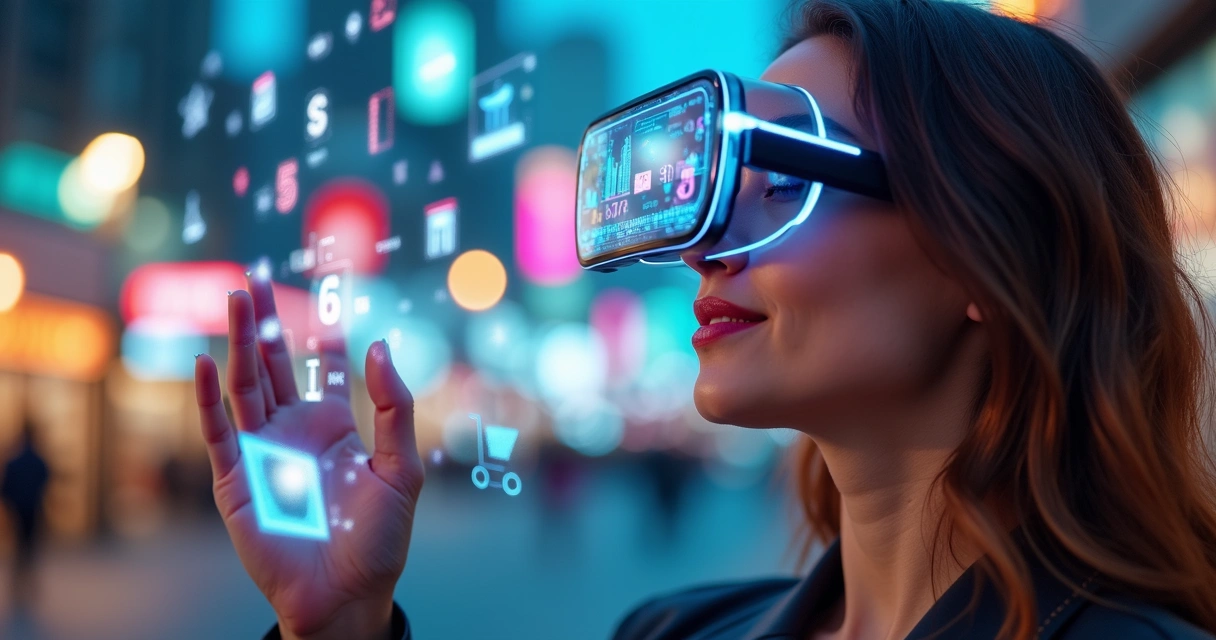 Usuária com óculos de realidade aumentada interagindo com anúncio digital 