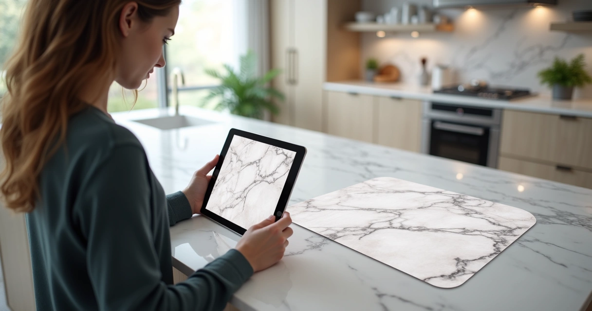 Pessoa usando realidade aumentada no tablet para visualizar bancada de mármore na cozinha 