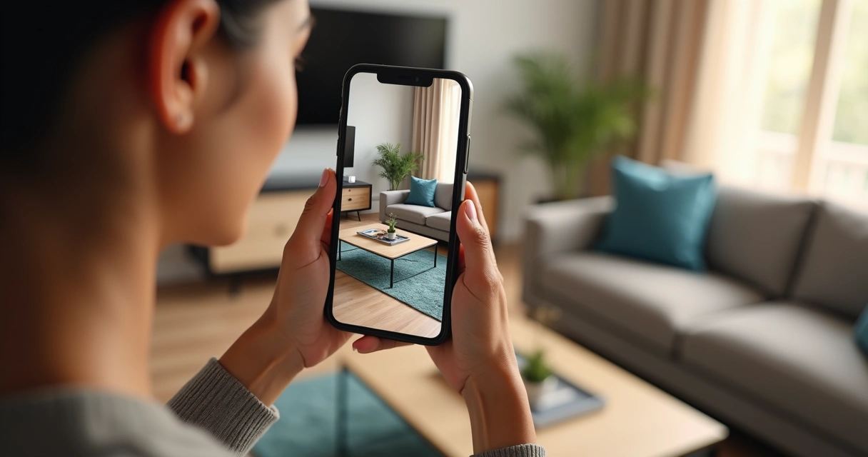 Woman using AR app to visualize furniture in living room 
