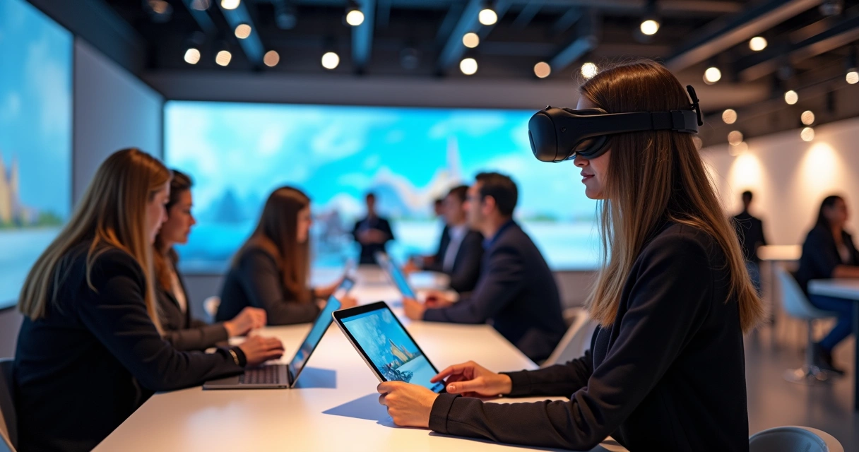 Visitante usando óculos de realidade aumentada em stand de vendas 