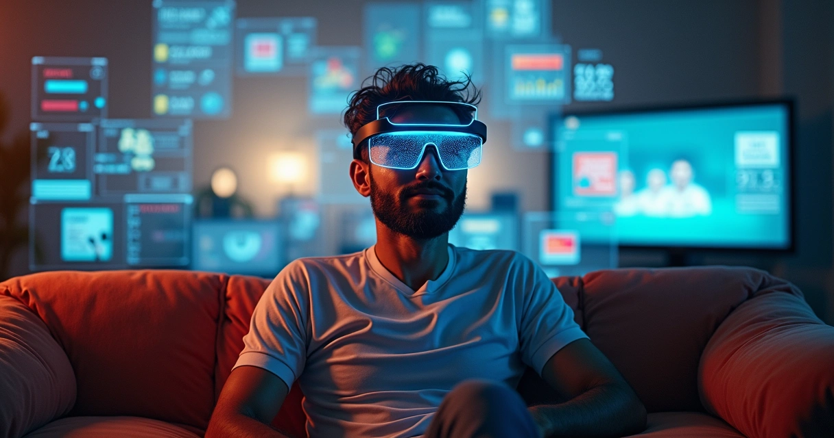 Torcedor usando óculos de realidade aumentada absorvendo informações de futebol