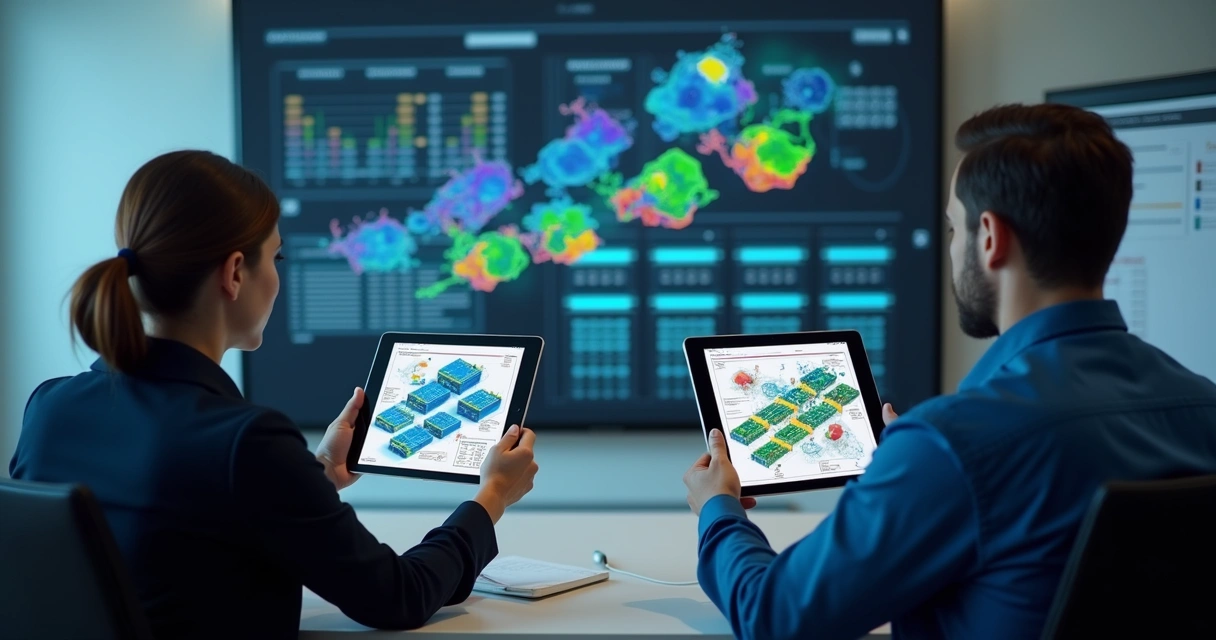 Profissionais de TI usando tablets para visualizar elementos virtuais em sala de treinamento. 