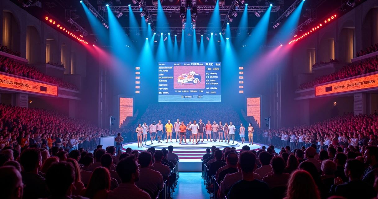 Cenário de um reality show com participantes de pé, iluminação colorida e público ao fundo
