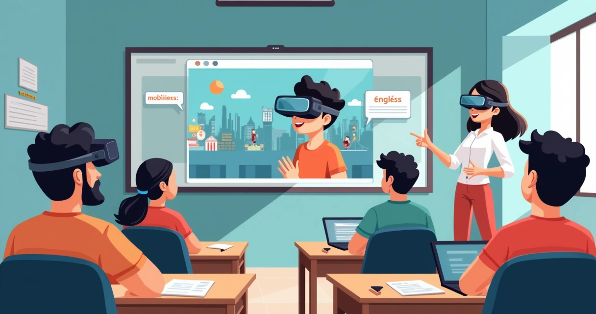 Aluno usando realidade virtual para aprender inglês 