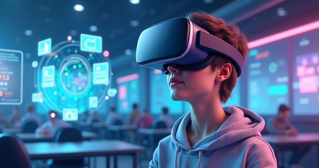 Aluno utiliza óculos de realidade virtual para EAD. 